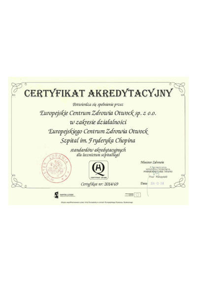 Certyfikat Akredytacyjny Ministra Zdrowia dla Szpitala ECZ Otwock!